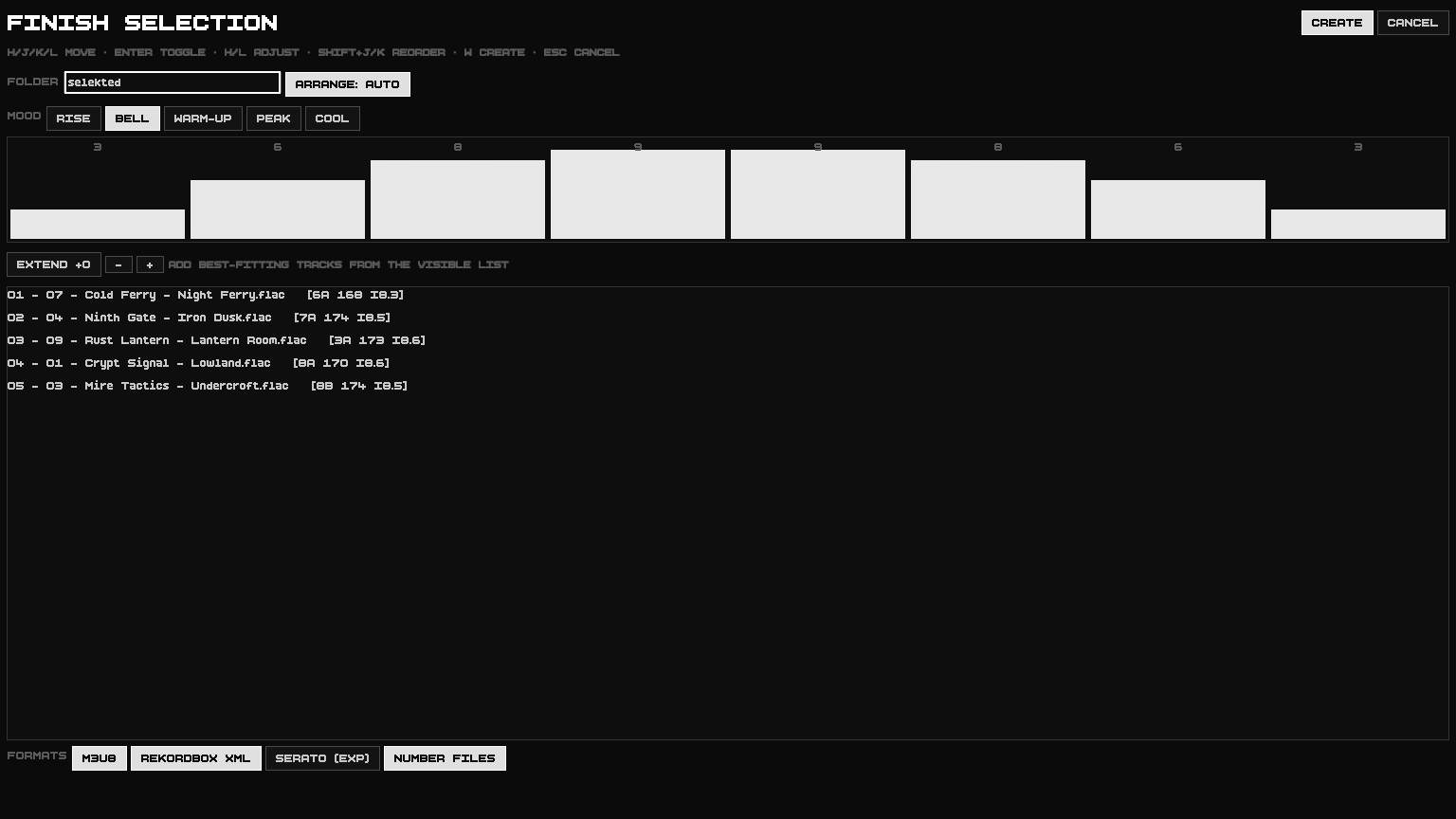 FINISH SELECTION: mood curve, order and export formats