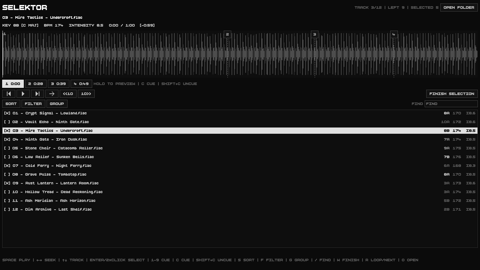 SELEKTOR main screen: tracklist with BPM and Camelot key, waveform with cues